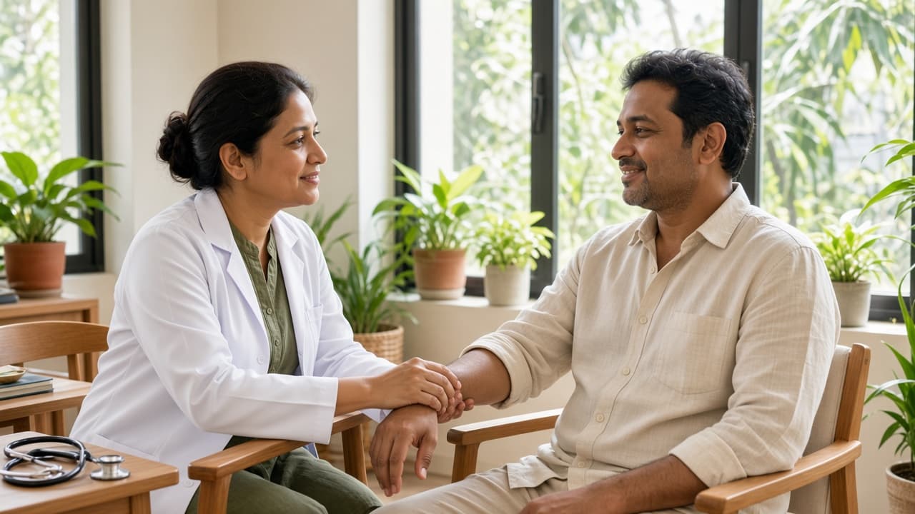 Practitioner taking the pulse during an Ayurvedic consult