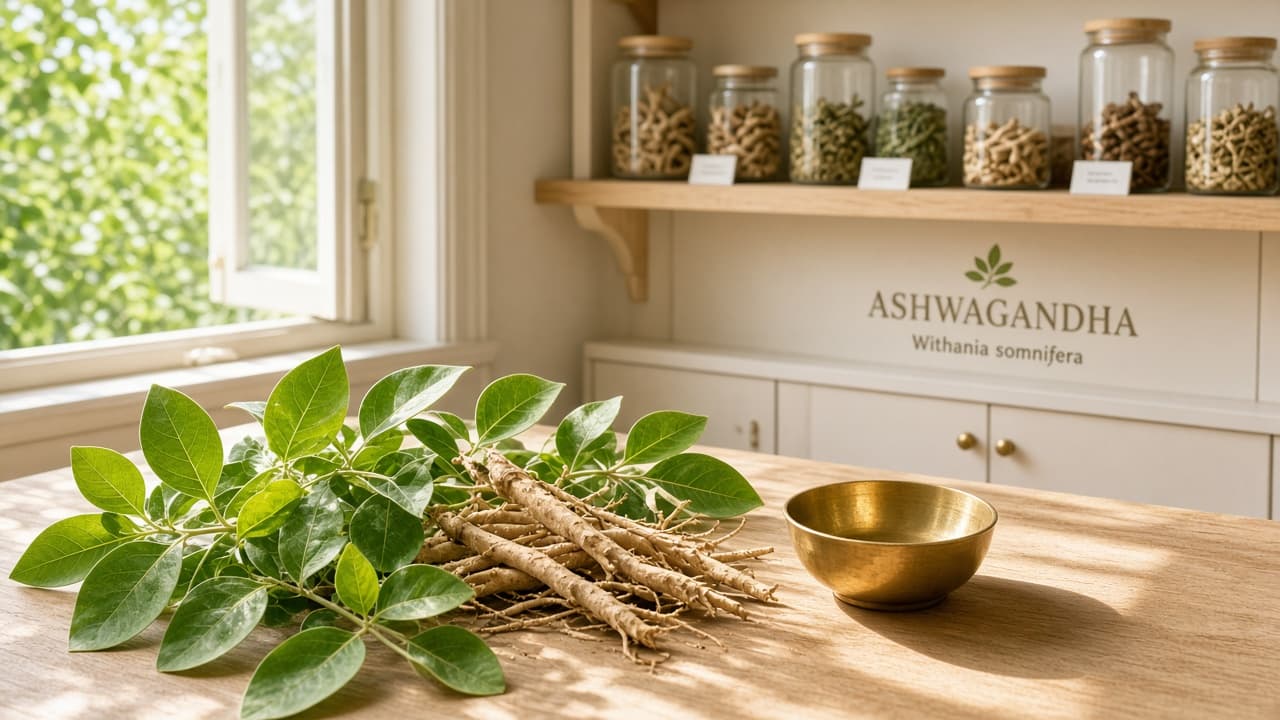 Ashwagandha roots and leaves prepared in a dispensary